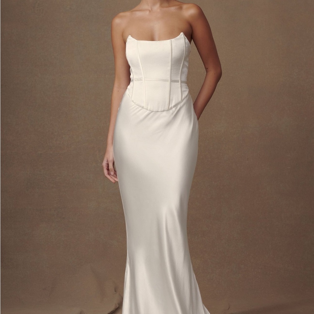 Meshki Cream Strapless Sheath Gown